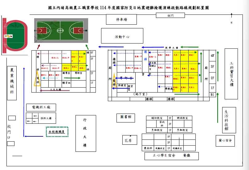國立內埔高級農工職業學校114年度國家防災日地震避難掩護演練疏散路線規劃配置圖